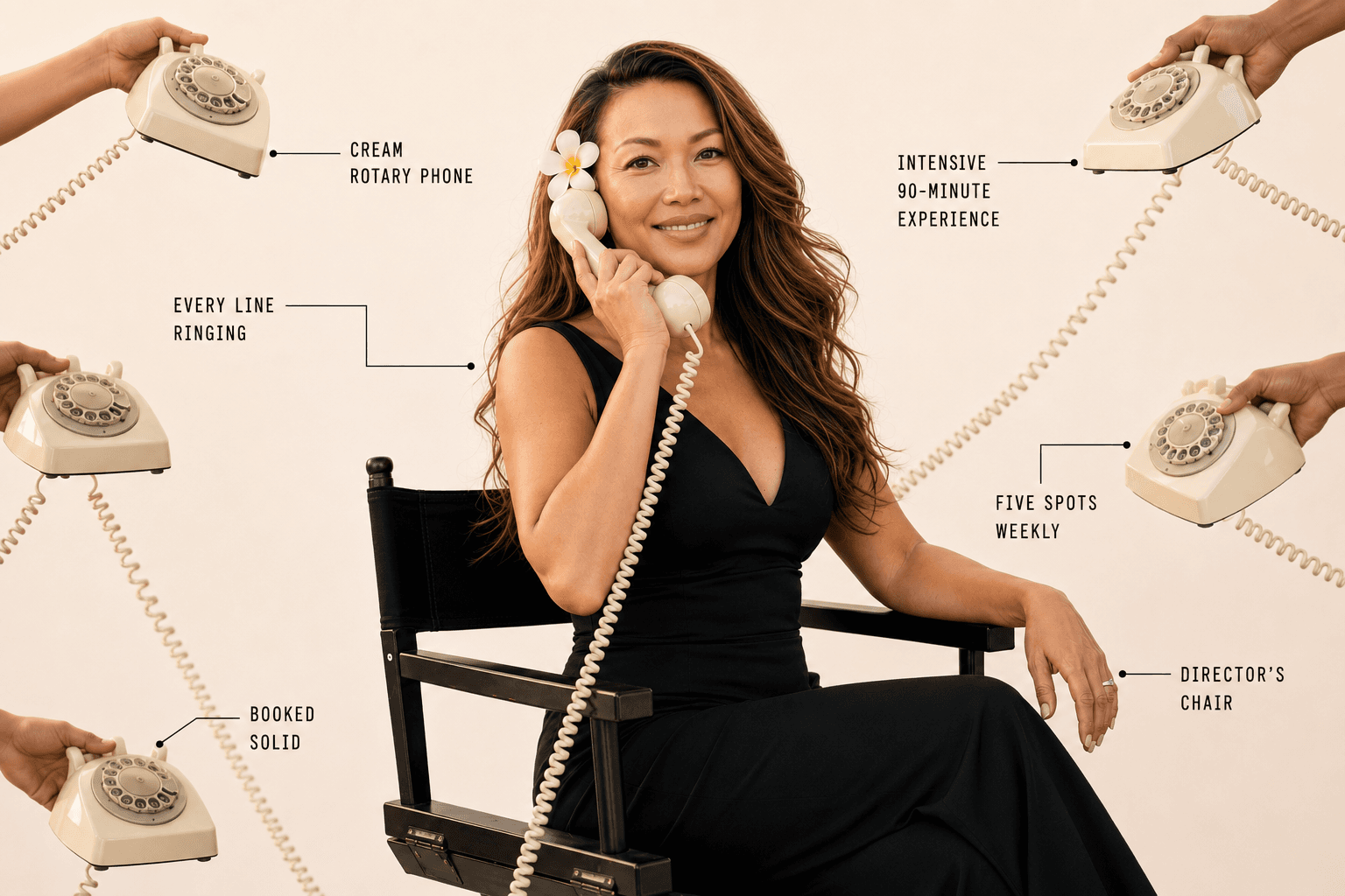 Stacia Loo seated in a director's chair holding a cream rotary phone, a plumeria in her hair, surrounded by hands offering more ringing phones, each labelled with a documentary-style annotation.