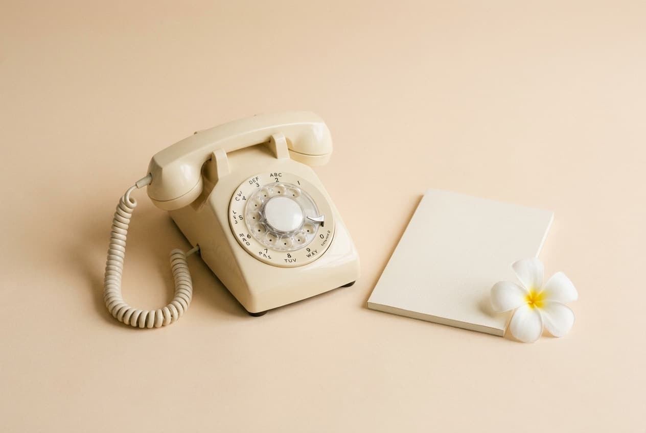 A cream rotary telephone beside a blank cream notepad and a single white plumeria blossom on a warm cream backdrop.