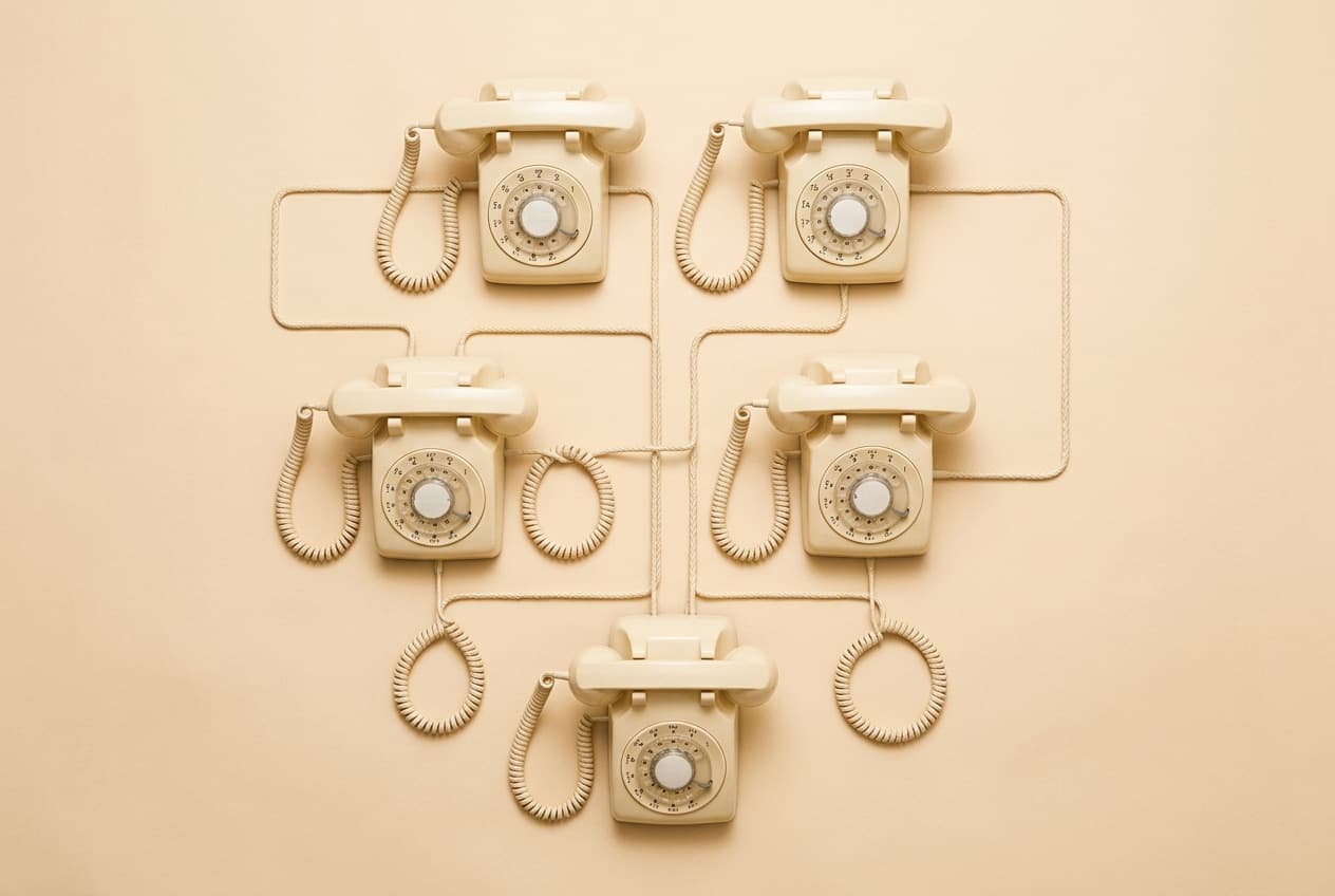 Five cream rotary telephones laid out in an ordered grid, their coiled cords connecting them in clean geometric lines like a wiring schematic.
